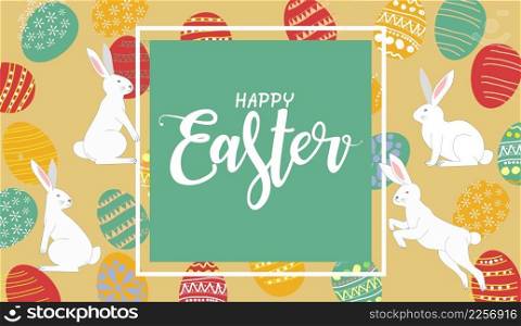 Easter background Easter pattern in retro style. with Happy Easter text. Freehand Drawing of easter eggs, and rabbits. vector illustration on Orange backdrop. Suitable for the Easter holiday concept.