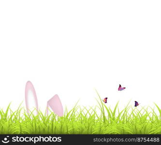 Easter Background. Green grass and Easter egg, and bunny, butterfly. Easter bunny ears in the grass. vector