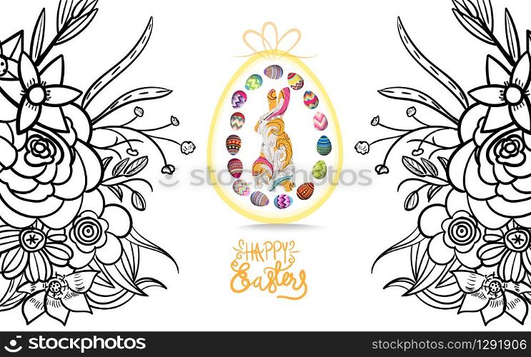 Easter background sketch with traditional decorations. Easter greeting with colored eggs and rabbit