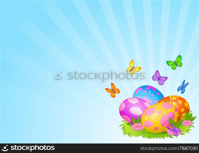 Easter background with beautiful colored Easter eggs on the meadow