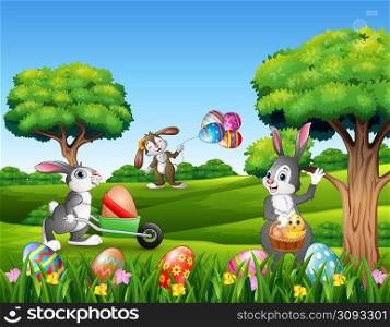Easter background with cartoon rabbits playing in the nature