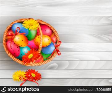 Easter background with color easter eggs in basket on wooden table . Vector