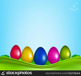 Easter Background With Color Eggs And Fields