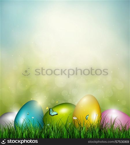 Easter Background With Color Eggs, Grass, Flowers And Butterflies