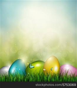 Easter Background With Color Eggs, Grass, Flowers And Butterflies