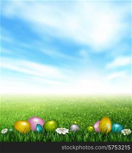 Easter Background With Color Eggs, Grass, Flowers, Butterflies And Meadow