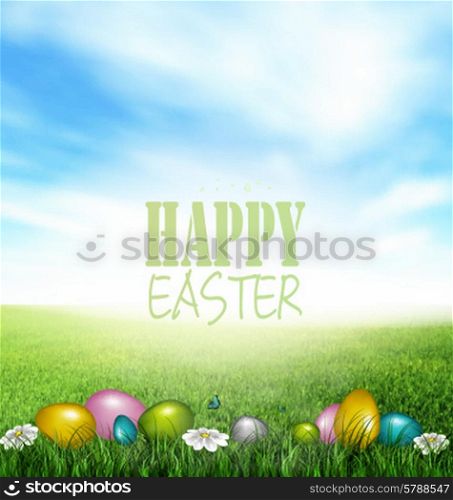 Easter Background With Color Eggs, Grass, Flowers, Butterflies Meadow And Title Inscription