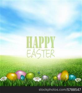 Easter Background With Color Eggs, Grass, Flowers, Butterflies Meadow And Title Inscription