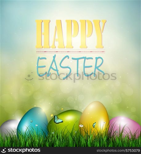Easter Background With Color Eggs, Grass, Flowers, ButterfliesAnd Title Inscription