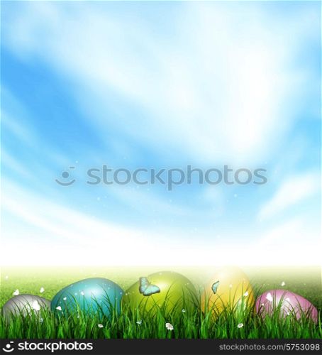 Easter Background With Color Eggs, Sky, Grass, Field, Flowers And Butterflies