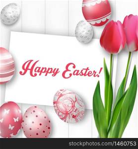 Easter background with colored eggs, red tulips and greeting card over white wood.Vector