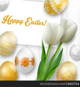 Easter background with colored eggs, white tulips and greeting card over white wood.Vector
