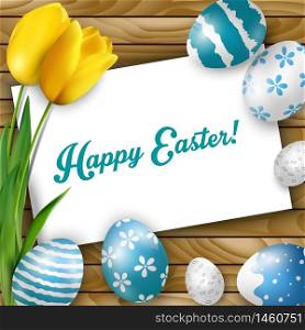 Easter background with colored eggs, yellow tulips and greeting card over white wood.Vector