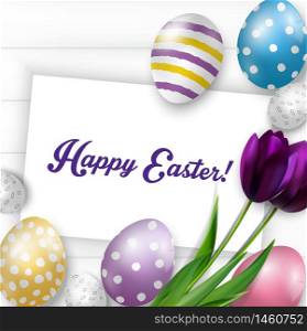 Easter background with colorful eggs, purple tulips and greeting card over white wood.Vector