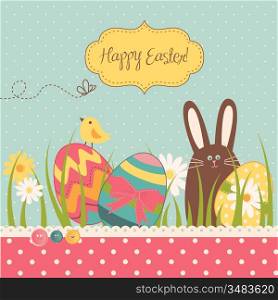 Easter Background with cute chocolate rabbit, colorful eggs and a chick
