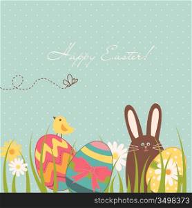 Easter Background with cute chocolate rabbit, colourful eggs and a chick