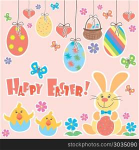 Easter Background with cute rabbit. Easter Background with cute rabbit, colorful eggs and a chick, vector illustration. Easter Background with cute rabbit