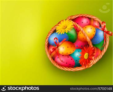 Easter background with Easter eggs and flowers with basket. Vector