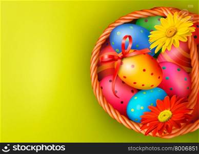 Easter background with Easter eggs and flowers with basket. Vector