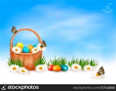 Easter background with Easter eggs in basket and butterfly on flowers. Vector