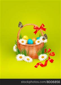 Easter background with Easter eggs in basket and butterfly on flowers. Vector
