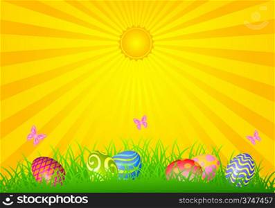 Easter background with Easter Eggs on the meadow