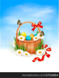 Easter background with Easter eggs with basket in the grass. Vector