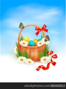 Easter background with Easter eggs with basket in the grass. Vector