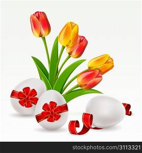 Easter background with egg decorated and tulips