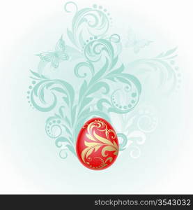Easter background with egg decorated with golden ornaments and plants