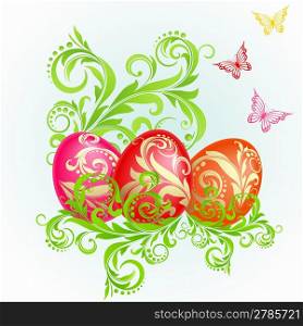 Easter background with eggs decorated with golden ornaments and green plants