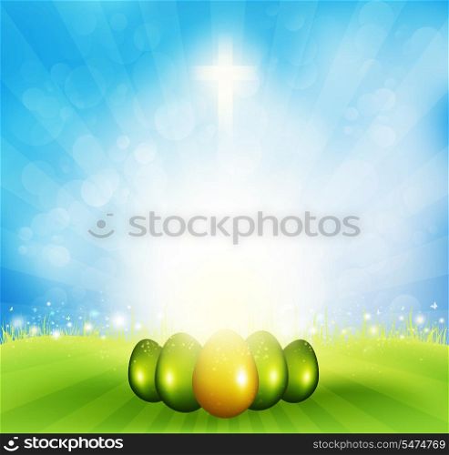 Easter Background With Eggs, Sun And Cross