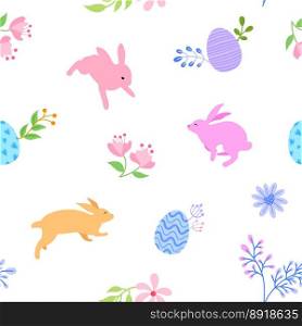 Easter background with flowers. Easter egg and cute bunny. Vector illustration seamless pattern.
