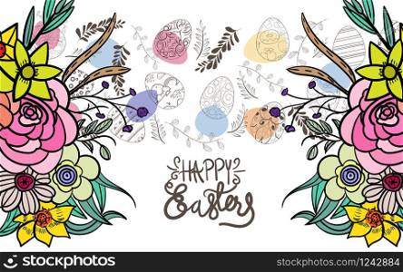 Easter background with traditional decorations. Easter greeting with colored eggs