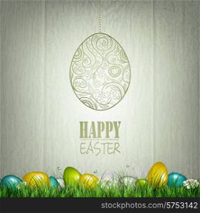 Easter Background With Wooden Wall, Grass, Color Eggs, Flowers, Butterflies, Bunny And Design Title Inscription