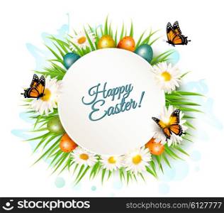 Easter banner with easter eggs and daisies. Vector.