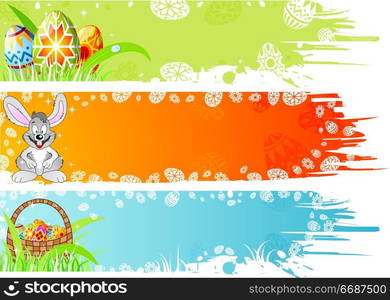 Easter banner with eggs, rabbit and basket