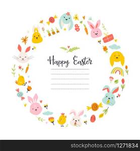 Easter banner with place for text. Holiday card with cute animals, flowers, eggs. Easter holiday banner with place for text.