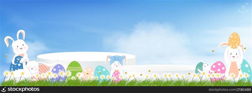 Easter banner with white Podium on Spring field,Bunny hunting Easter Eggs with cloud and blue sky background,Vector Rabbits playing on grass field on sunny day,Cute cartoon backdrop for holiday season