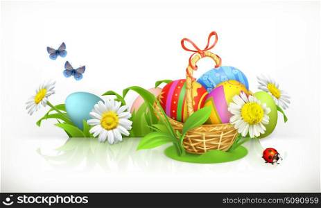Easter, basket and eggs. Spring flowers 3d vector banner