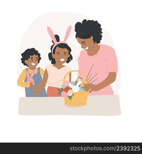 Easter basket isolated cartoon vector illustration. Smiling mother give kids Easter basket, mom and daughter having fun together, religious holiday celebration, festive mood vector cartoon.. Easter basket isolated cartoon vector illustration.