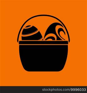 Easter Basket With Eggs Icon. Black on Orange Background. Vector Illustration.