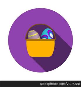 Easter Basket With Eggs Icon. Flat Circle Stencil Design With Long Shadow. Vector Illustration.