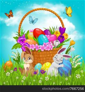 Easter basket with flowers, painted eggs and bunnies on green lawn with flying butterflies under cloudy sky. Cartoon vector pottle with pansies, crocuses, rabbits on field. Happy Easter holiday gift. Easter basket with flowers, painted eggs, bunnies