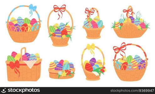 Easter baskets. Painted chocolate eggs in wicker basket with ribbon, grass, tulip and snowdrop flower. Spring traditional holiday vector set. Illustration basket easter with eggs. Easter baskets. Painted chocolate eggs in wicker basket with ribbon, grass, tulip and snowdrop flower. Spring traditional holiday vector set
