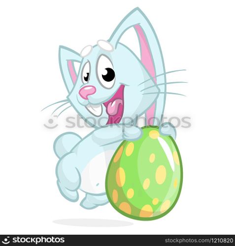 Easter blue bunny with easter colored egg. Vector illustration of a blue rabbit holding Easter colored egg