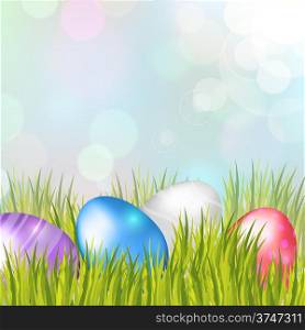 Easter bokeh background with eggs on meadow of blue colors. Vector eps10.