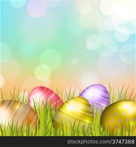 Easter bokeh background with eggs on meadow of blue colors. Vector eps10.