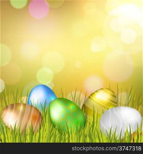 Easter bokeh background with eggs on meadow of gold colors. Vector eps10.