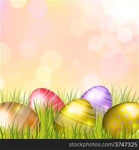 Easter bokeh background with eggs on meadow of pink and gold colors. Vector eps10.